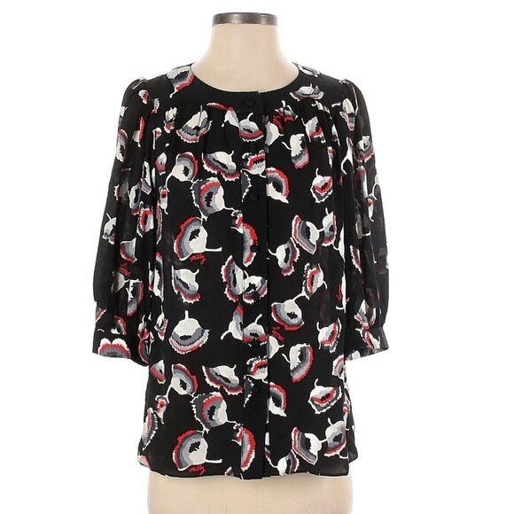 Vintage Milly Silk Floral Wide Sleeve Black Red White Button Down Top 8 - Picture 1 of 9